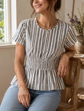 Striped- Smocked Waist- Short Sleeve Top - Navy & Creme NEW